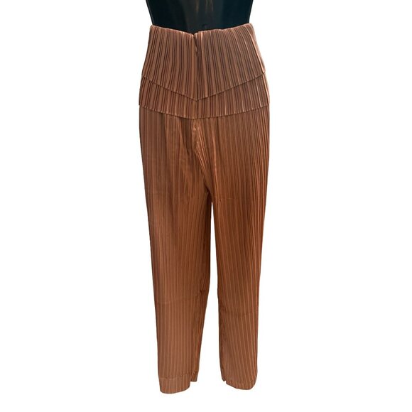 NWT Andrea Iyamah Linea Toffee Pleated Wide-Leg Pants‎ Peplum Waist - Picture 4 of 16